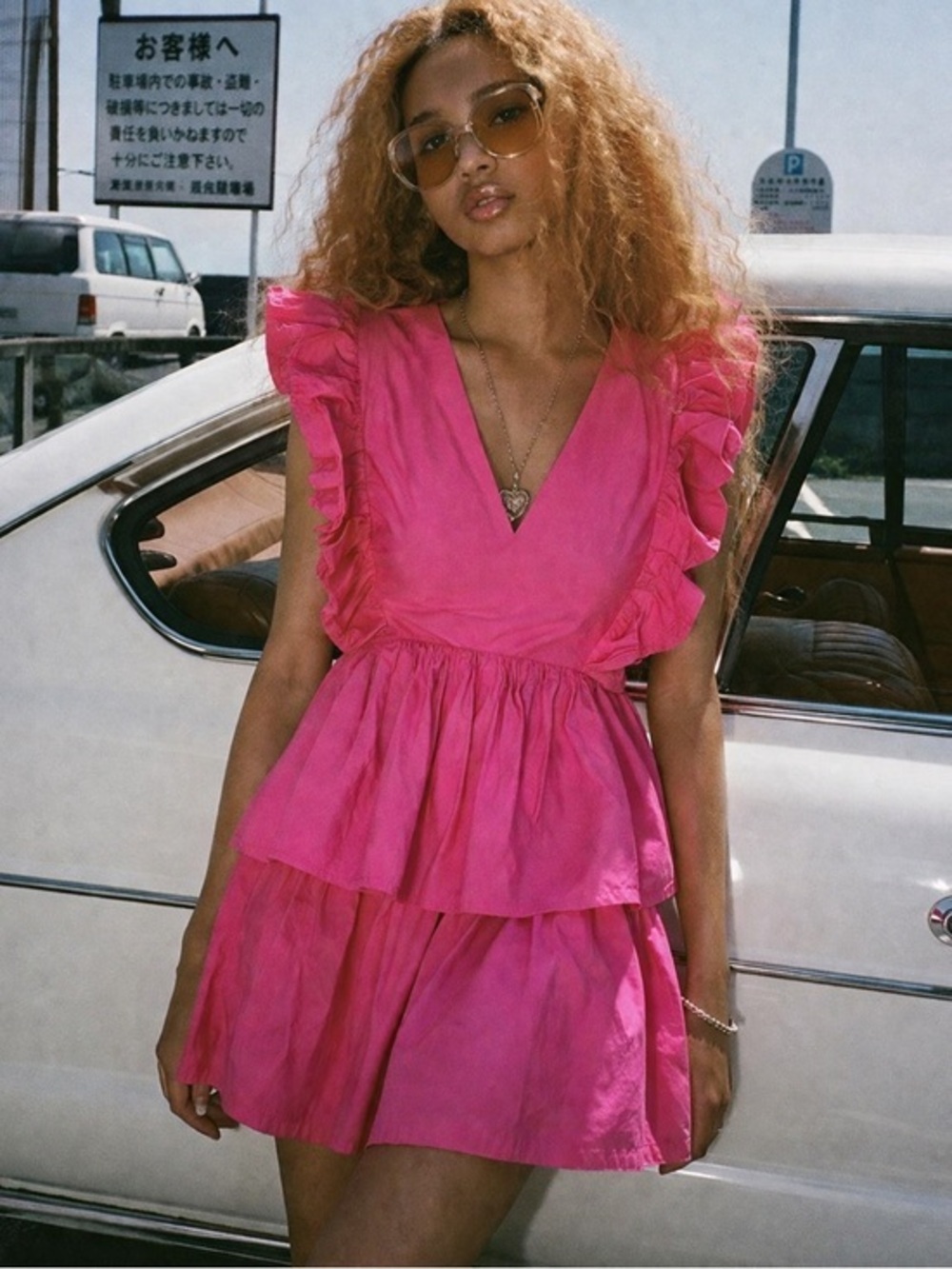 Ambush pink ruffled mini v neck dress